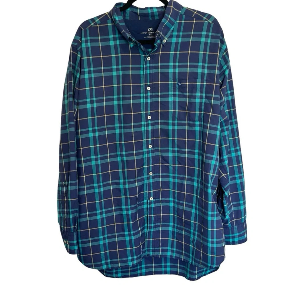 Southern Tide Plaid Button-Down Shirt in Navy/Green Men’s XL